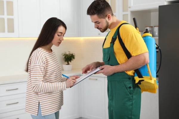 Selecting pest control services: A female homeowner discussing with a bed bug pest control technician about their specific needs.