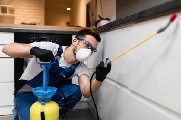 A pest control technician applying Aprehend under countertops to stop bed bug infestations.