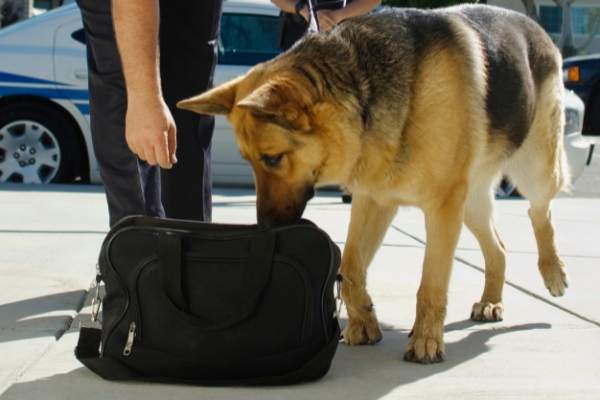 A canine inspecting a bag for possible bed bug infestation.