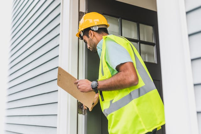 A professional house inspector assessing the door frames.