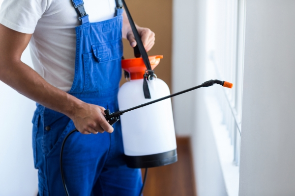 An pest control technician spraying Aprehend bed bug treatment inside house corridors.