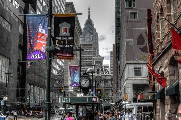 A busy city block in Philadelphia.